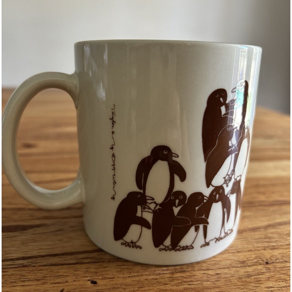 Vintage Taylor & Ng Naughty Penguins Coffee Mug Cup Japan Ceramic Brown 1979
